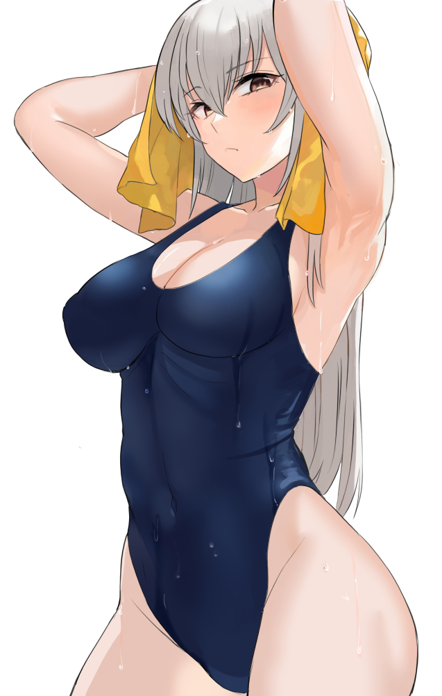 1girl armpits ashita_(2010) blue_one-piece_swimsuit blush breasts brown_eyes cleavage closed_mouth covered_navel grey_hair idolmaster idolmaster_cinderella_girls large_breasts long_hair looking_at_viewer one-piece_swimsuit simple_background solo standing swimsuit takamine_noa thighs wet wet_clothes wet_swimsuit white_background