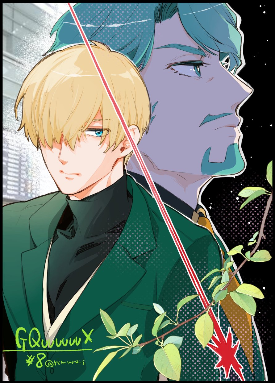 2boys artist_name beard black_shirt blonde_hair blue_eyes challia_bull commentary_request copyright_name episode_number facial_hair green_eyes green_hair green_jacket gundam gundam_gquuuuuux hair_over_one_eye highres himuro_s jacket male_focus multiple_boys mustache shirouzu_(gundam) shirt short_hair turtleneck twitter_username