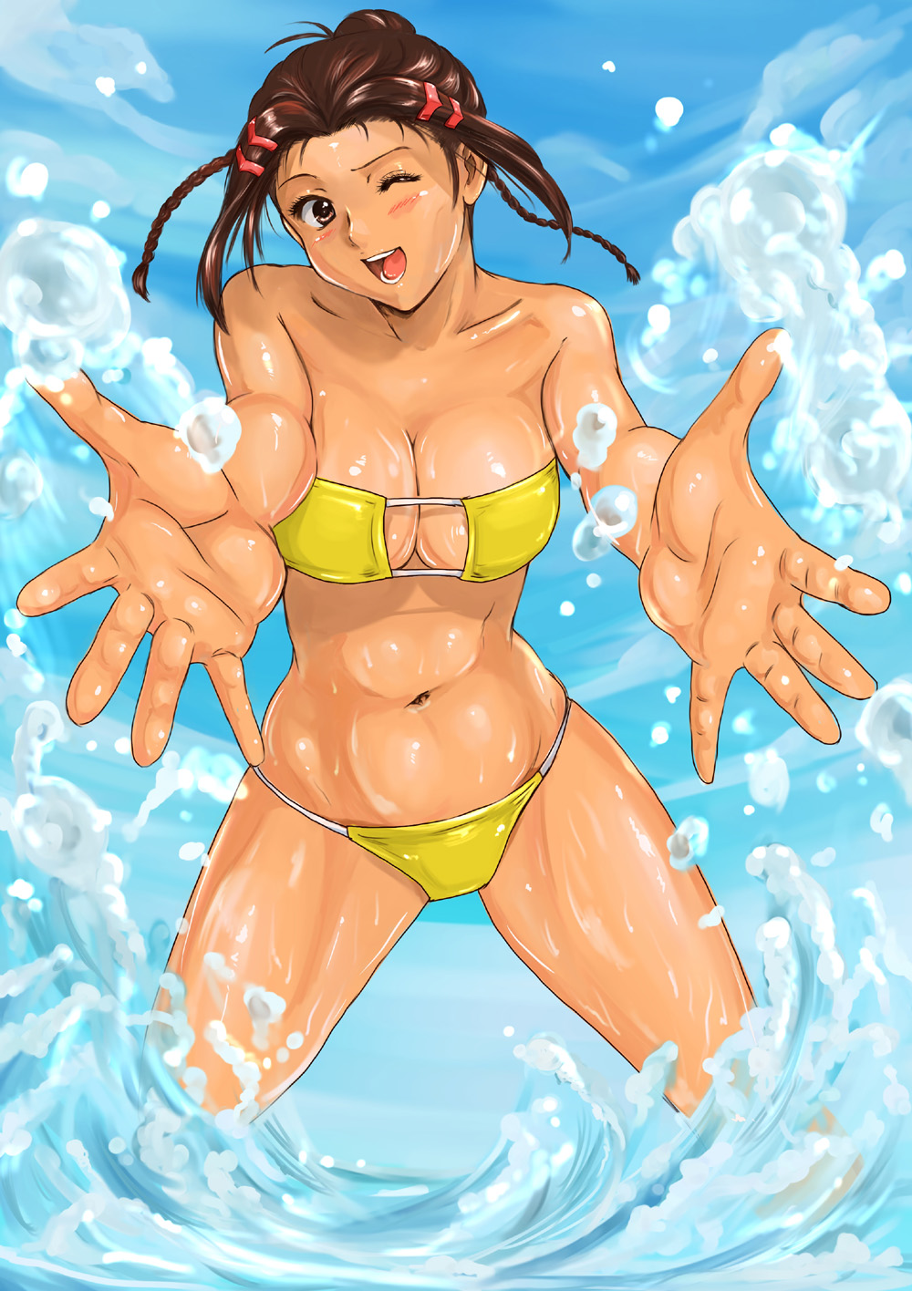 1girl :d bandeau banpresto bikini breasts brown_eyes brown_hair cleavage female_focus foreshortening highres large_breasts navel one_eye_closed open_mouth outstretched_hand rio_meilong shiny_clothes shiny_skin shu-z smile solo splashing strapless strapless_bikini string_bikini super_robot_wars super_robot_wars_original_generation swimsuit wading water wink yellow_bikini