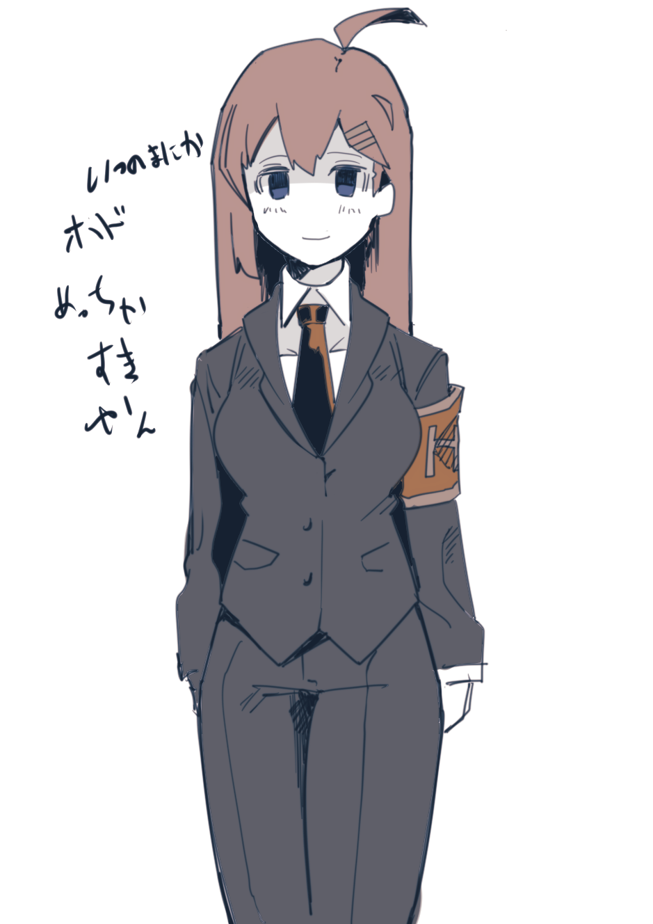 1girl ahoge armband black_jacket black_pants breasts brown_armband brown_hair brown_necktie collared_shirt cowboy_shot feet_out_of_frame hair_ornament hairclip highres hod_(project_moon) jacket legs_together lobotomy_corporation long_hair long_sleeves madotsuki_ren medium_breasts necktie no_nose pants project_moon shirt simple_background solo standing very_long_hair white_background white_shirt