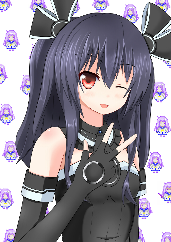 10s 1girl ;d aneten black_hair blush choujigen_game_neptune_mk2 d-pad female_focus flat_chest gloves hair_ornament long_hair nepgear neptune_(series) one_eye_closed open_mouth purple_eyes purple_hair red_eyes smile solo sword uni_(neptunia) weapon wink