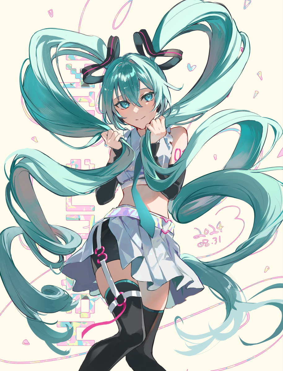 1girl aqua_eyes aqua_hair arm_tattoo arm_warmers belt bike_shorts_under_skirt birthday black_arm_warmers black_shorts black_thighhighs character_name closed_mouth crop_top dated feet_out_of_frame frills garter_belt half-skirt hatsune_miku headphones heart_belt holding holding_own_hair light_smile long_hair midriff o-ring o-ring_thigh_strap pleated_skirt poppoman shirt shorts skirt sleeveless sleeveless_shirt solo tattoo thigh_strap thighhighs twintails very_long_hair vocaloid white_garter_belt white_shirt white_skirt