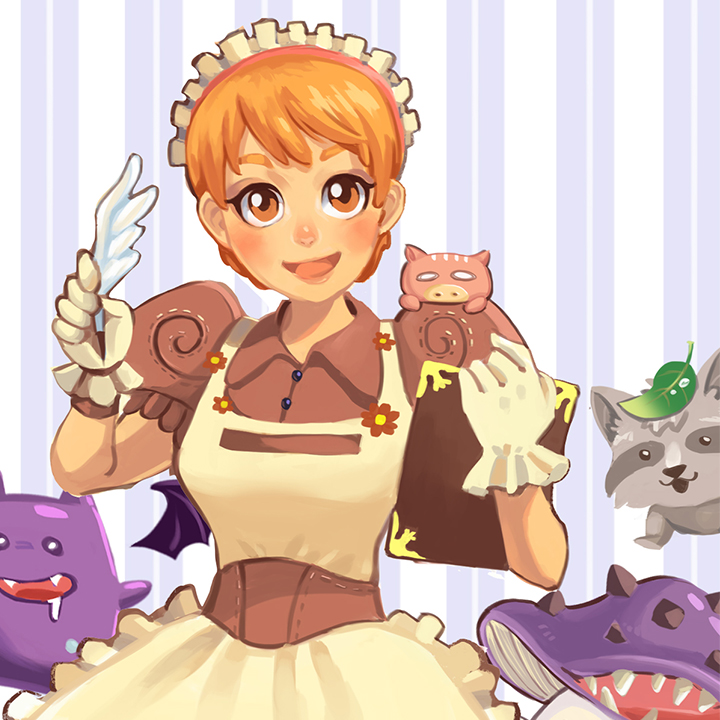 1girl apron blush breasts brown_dress clipboard collared_dress commentary cowboy_shot demon deviruchi dress frilled_apron frills gloves holding holding_clipboard holding_quill kafra_uniform leaf leaf_on_head looking_at_viewer lunacerra maid maid_headdress medium_breasts open_mouth orange_eyes orange_hair poison_spore puffy_short_sleeves puffy_sleeves quill raccoon ragnarok_online roxie_(ragnarok_online) savage_babe short_hair short_sleeves smile smokie_(ragnarok_online) white_apron white_gloves