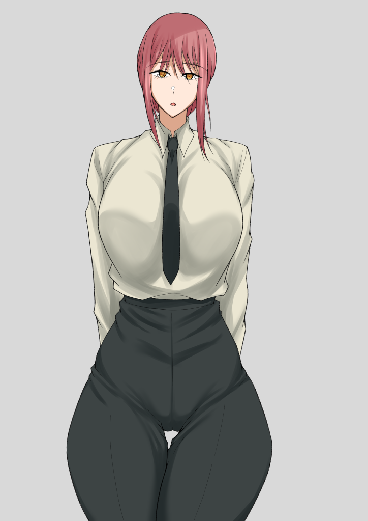 1girl black_pants breasts business_suit chainsaw_man collared_shirt formal_clothes iita_nori large_breasts long_sleeves looking_at_viewer makima_(chainsaw_man) necktie pants red_eyes red_hair shirt solo suit white_shirt wide_sleeves