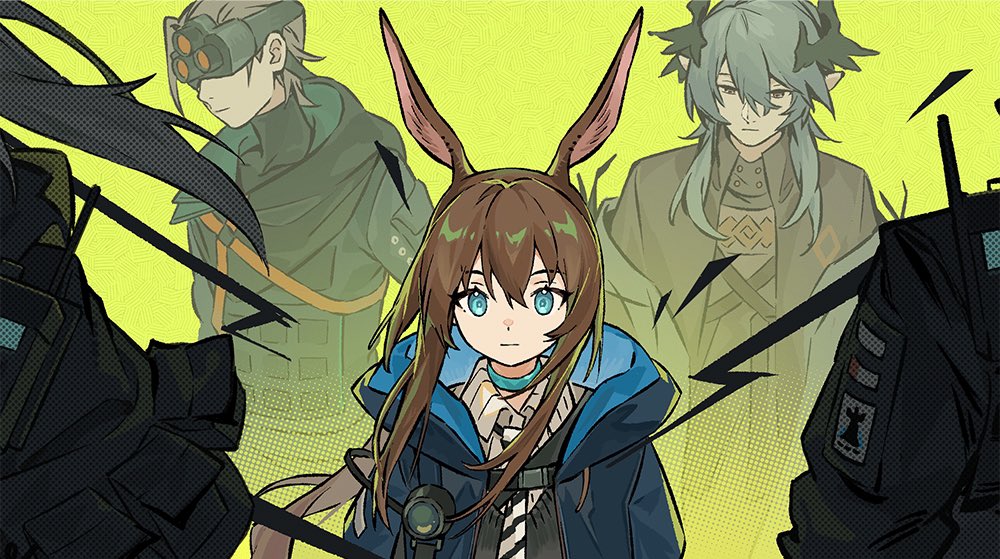 2girls 3boys :| abstract_background ace_(arknights) amiya_(act_2)_(arknights) amiya_(arknights) animal_ears arknights blue_choker blue_eyes brown_hair chinese_commentary choker closed_mouth collared_shirt commentary diagonal-striped_clothes diagonal-striped_necktie dot_nose double-parted_bangs expressionless favilia goggles green_background grey_hair hair_between_eyes hood hood_down hooded_jacket jacket logos_(arknights) long_hair misery_(arknights) multiple_boys multiple_girls necktie open_clothes open_jacket out_of_frame outcast_(arknights) pointy_ears rabbit_ears rabbit_girl shirt short_hair straight-on striped_clothes striped_shirt vertical-striped_clothes vertical-striped_shirt