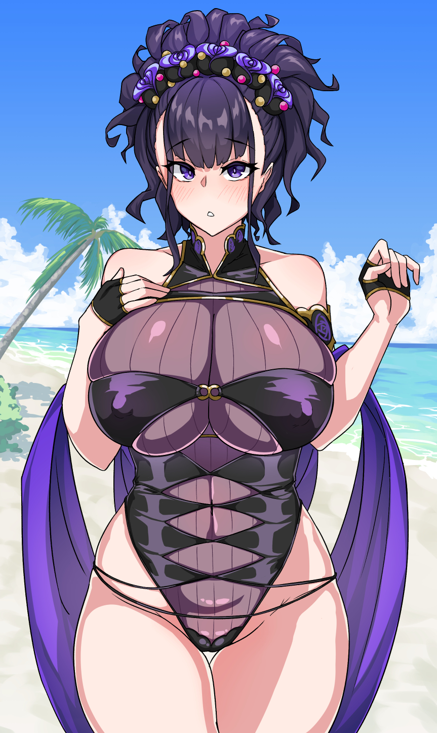 1girl armlet bare_shoulders beach black_gloves black_one-piece_swimsuit blush breasts covered_navel fate/grand_order fate_(series) fingerless_gloves flower gloves gold_trim hair_flower hair_ornament hair_up half_gloves highleg highleg_one-piece_swimsuit highres jewelry large_breasts long_hair looking_at_viewer murasaki_shikibu_(fate) murasaki_shikibu_(swimsuit_rider)_(fate) murasaki_shikibu_(swimsuit_rider)_(first_ascension)_(fate) muta_poo one-piece_swimsuit purple_eyes purple_hair solo swimsuit thighs