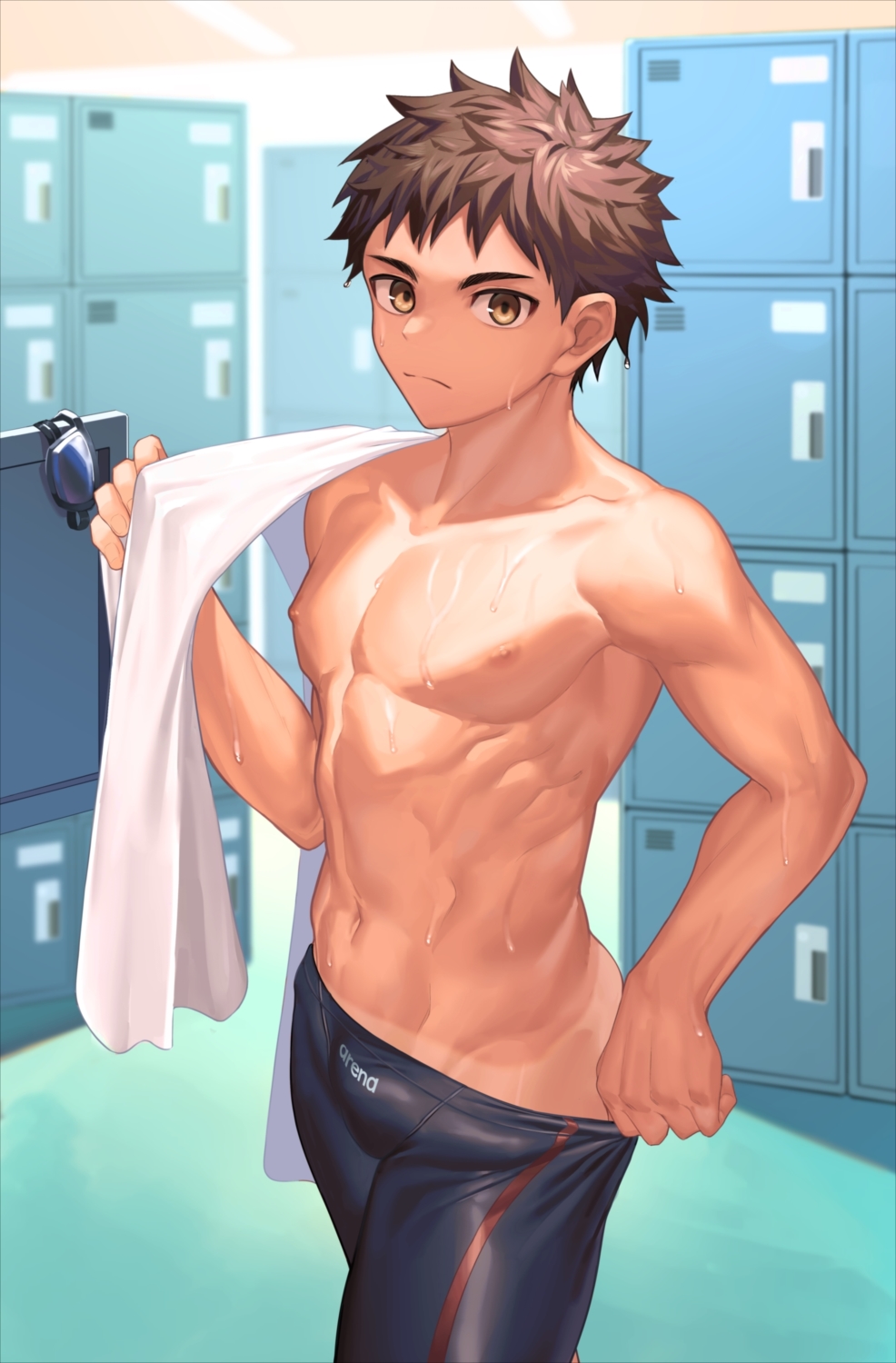 1boy abs arena_(company) black_jammers black_male_swimwear brown_eyes brown_hair closed_mouth competition_swimsuit highres jammers jammers_pull legskin locker locker_room looking_at_viewer male_focus male_swimwear male_swimwear_pull navel nayoshi_(r-744) nipples one-piece_swimsuit original pulling_own_clothes short_hair solo swimsuit tan tanline toned toned_male topless_male towel towel_on_one_shoulder