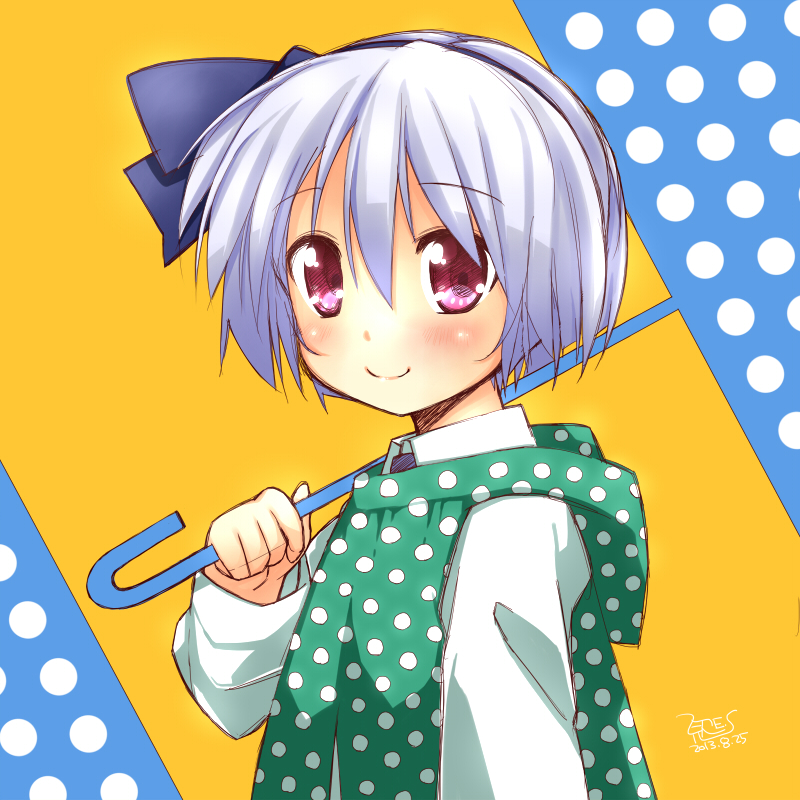1girl 2013 black_hairband black_ribbon blue_umbrella blush bow clenched_hand collared_shirt dated hair_between_eyes hair_bow hair_ribbon hairband holding holding_umbrella ikuya@ konpaku_youmu long_sleeves looking_at_viewer polka_dot polka_dot_background red_eyes ribbon shirt short_hair signature smile solo touhou umbrella umbrella_over_shoulder white_hair white_shirt