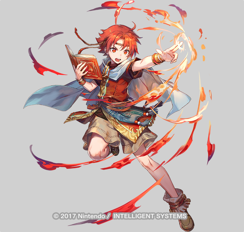1boy azu-taro belt book boots bracelet cape circlet ewan_(fire_emblem) fire fire_emblem fire_emblem:_the_sacred_stones fire_emblem_heroes full_body grey_background jewelry male_focus nintendo official_art open_mouth red_eyes red_hair solo teeth