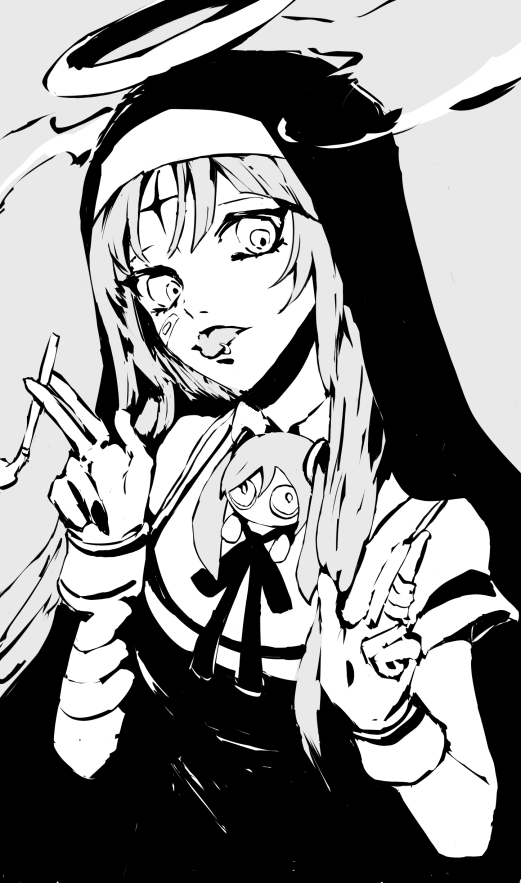 1girl character_request cigarette copyright_request gesture greyscale halo high_contrast long_hair looking_at_viewer monochrome nun piercing purano7 ribbon solo tongue tongue_out tongue_piercing toy upper_body