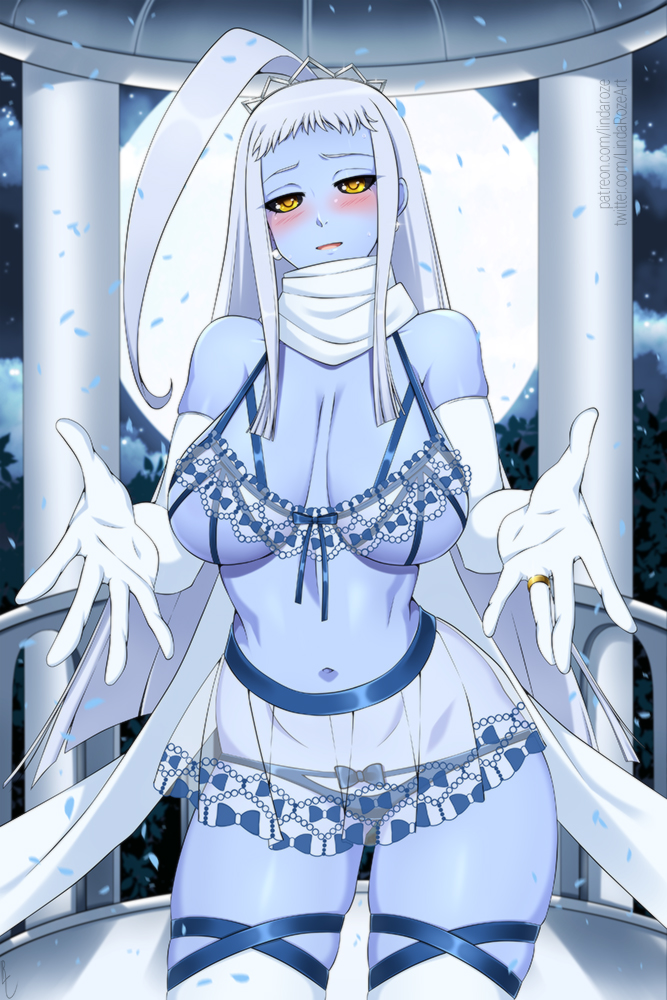 1girl ahoge black_sclera blue_panties blue_skin blush breasts bridal_lingerie bride colored_sclera colored_skin commentary elbow_gloves english_commentary full_moon gazebo gloves huge_ahoge jewelry lala_(monster_musume) large_breasts lindaroze lingerie long_hair looking_at_viewer monster_musume_no_iru_nichijou moon navel open_mouth outdoors outstretched_arms paid_reward_available panties patreon_username ring scarf sidelocks silver_hair skindentation solo thighhighs tiara twitter_username underwear wedding_ring white_gloves white_neckwear white_thighhighs yellow_eyes