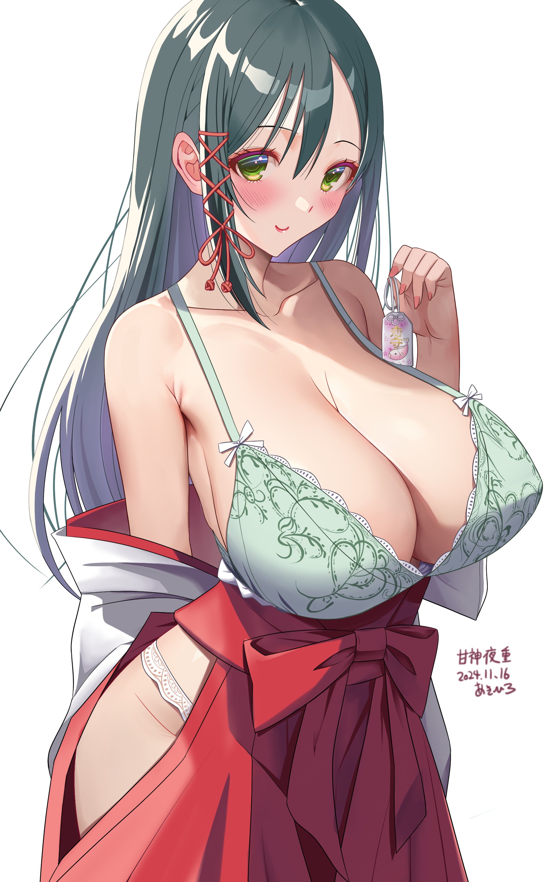 1girl absurdres akihiro0920 amagami-san_chi_no_enmusubi amagami_yae bag_charm black_hair blush bra breasts charm_(object) cleavage commentary_request curtains green_bra green_eyes hair_ribbon hakama hakama_skirt highres hip_vent holding holding_charm huge_breasts japanese_clothes kosode long_hair long_sleeves looking_at_viewer miko panties red_hakama red_ribbon ribbon simple_background skirt smile solo underwear undressing white_background