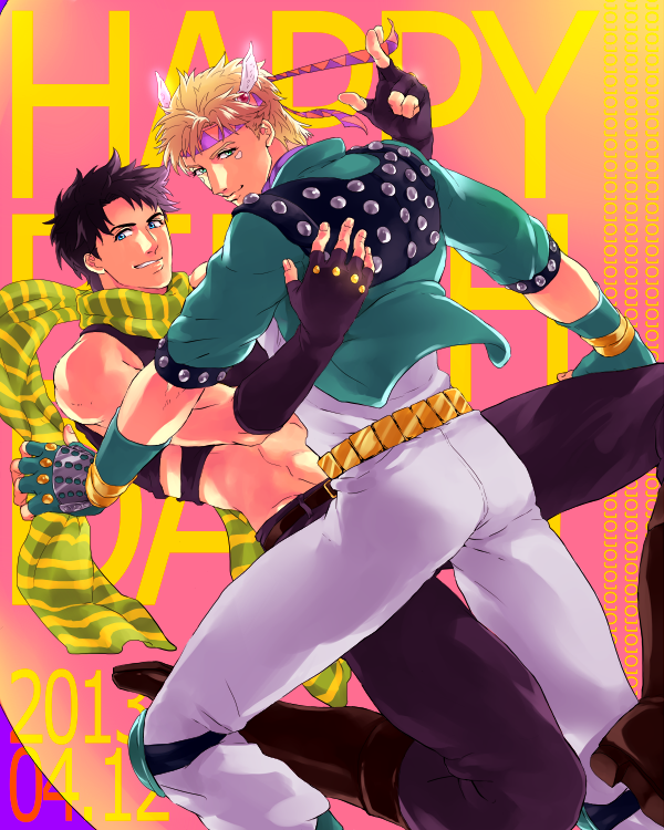 01rosso 10s 2013 2boys bad_id bad_pixiv_id battle_tendency black_hair blonde_hair blue_eyes boots caesar_anthonio_zeppeli cropped_jacket dancing dated facial_mark fingerless_gloves gloves green_eyes headband jojo_no_kimyou_na_bouken joseph_joestar joseph_joestar_(young) knee_pads male_focus midriff multiple_boys pants scarf sleeveless striped_clothes striped_scarf white_pants