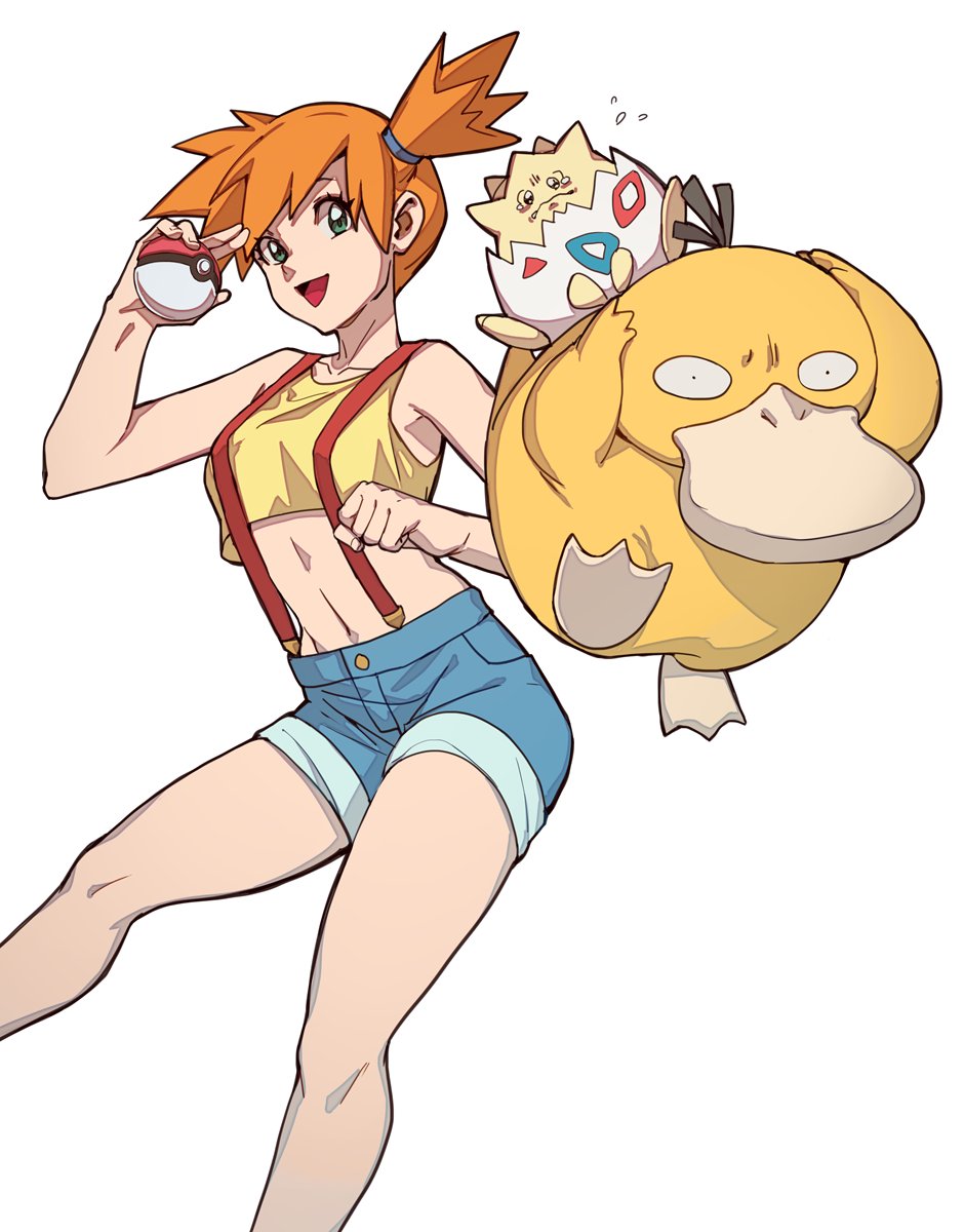 1girl abs armpits asymmetrical_hair blue_shorts blush breasts crop_top denim denim_shorts gen_1_pokemon gen_2_pokemon green_eyes hair_tie highres holding holding_pokemon legs medium_breasts misty_(pokemon) muscular nintendo orange_hair pokemon pokemon_(anime) pokemon_(classic_anime) pokemon_(creature) ponytail psyduck shorts side_ponytail sleeveless smile suspender_shorts suspenders thighs togepi uncle_rabbit_ii