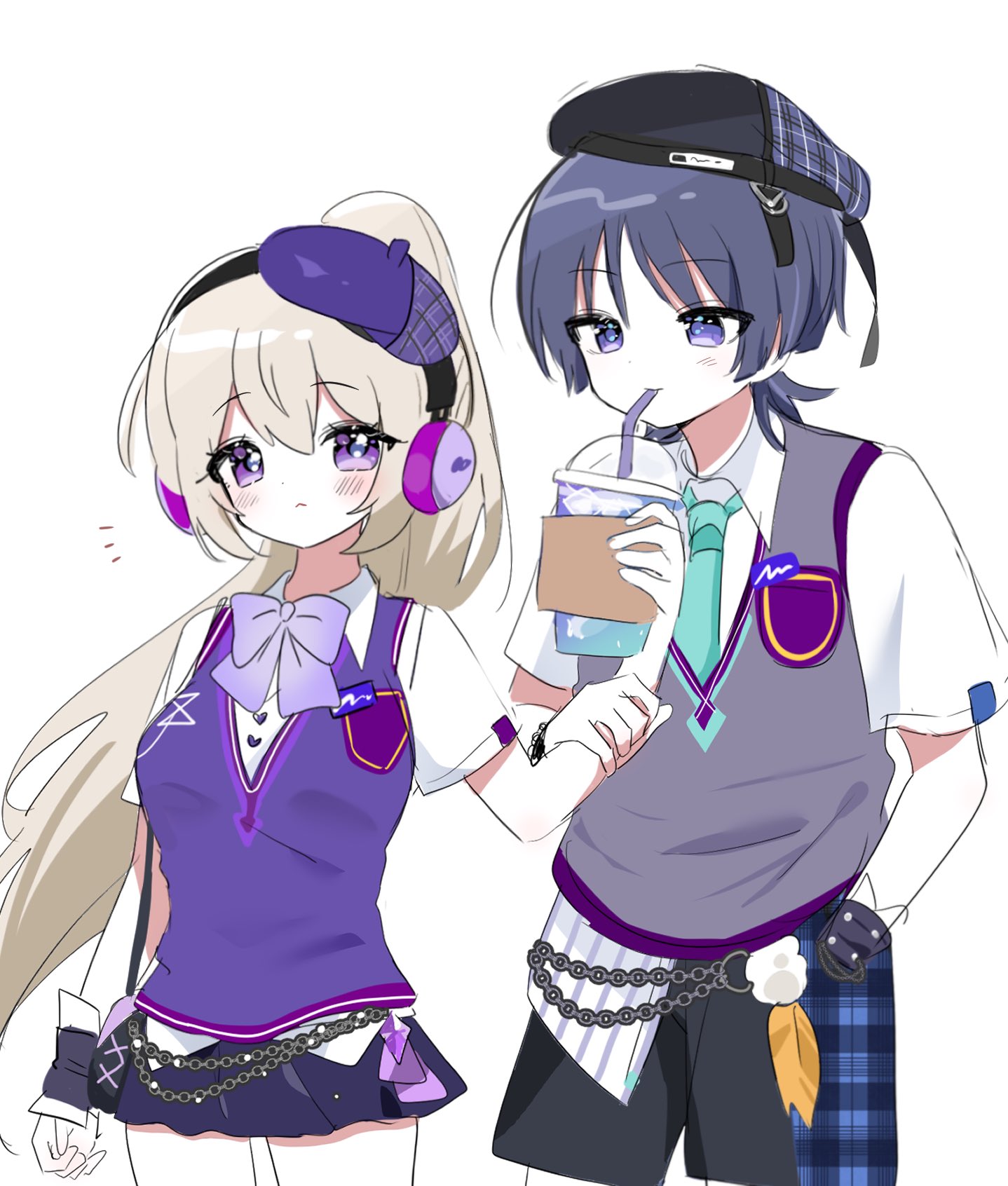 1boy 1girl 52601i alternate_costume aqua_necktie arm_at_side bag beret black_hair black_hat black_shorts black_skirt blonde_hair blunt_ends blush bow bowtie chain closed_mouth collared_shirt contemporary cup disposable_cup drinking drinking_straw emblem eyelashes feathers genshin_impact grey_sweater_vest hair_between_eyes hand_in_pocket hand_up handbag hat high_ponytail highres holding holding_another's_arm holding_cup large_bow looking_at_another looking_at_object looking_down necktie notice_lines official_alternate_costume original pom_pom_(clothes) ponytail purple_bow purple_bowtie purple_eyes purple_sweater_vest scaramouche_(genshin_impact) school_uniform second-party_source sharing_food shirt shorts sidelocks skirt sweater_vest wanderer_(genshin_impact) wanderer_(mega_mgc_coffee)_(genshin_impact) white_background white_shirt white_undershirt wrist_cuffs yellow_feathers