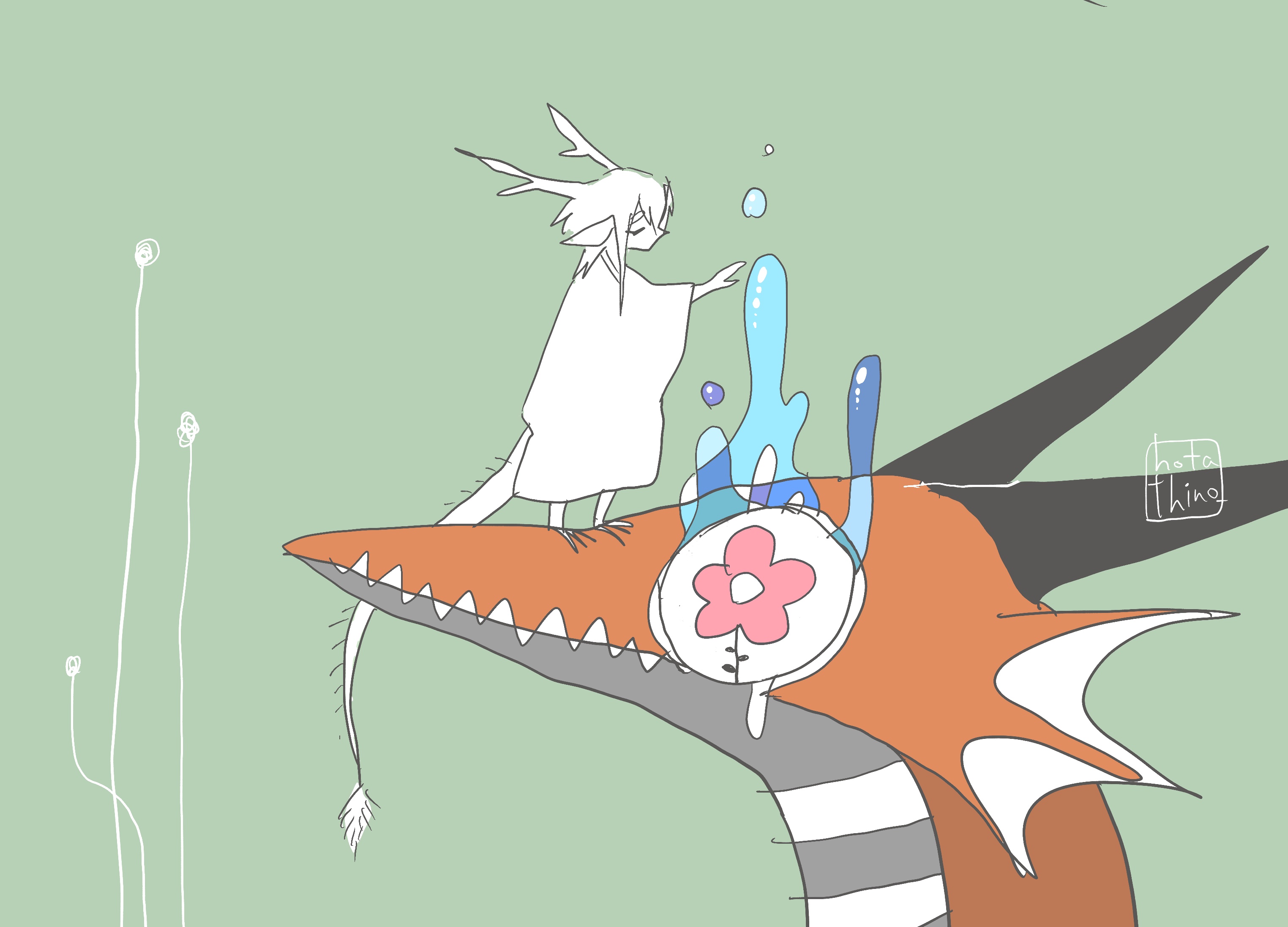 1boy closed_eyes commentary_request crying dragon dragon_boy dragon_horns dragon_tail eastern_dragon_horns eastern_dragon_tail flower-shaped_pupils green_background highres horns hotathino hydrokinesis japanese_clothes kimono male_focus original solo symbol-shaped_pupils tail water western_dragon