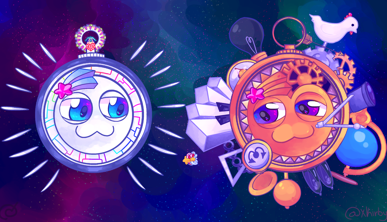 :3 artist_request blue_eyes compass galactic_nova gears globe kirby kirby:_planet_robobot kirby_(series) kirby_super_star light_bulb nintendo piano_keys pocket_watch robot smile source_request space star_(symbol) star_dream telescope vacuum_tube watch weather_vane