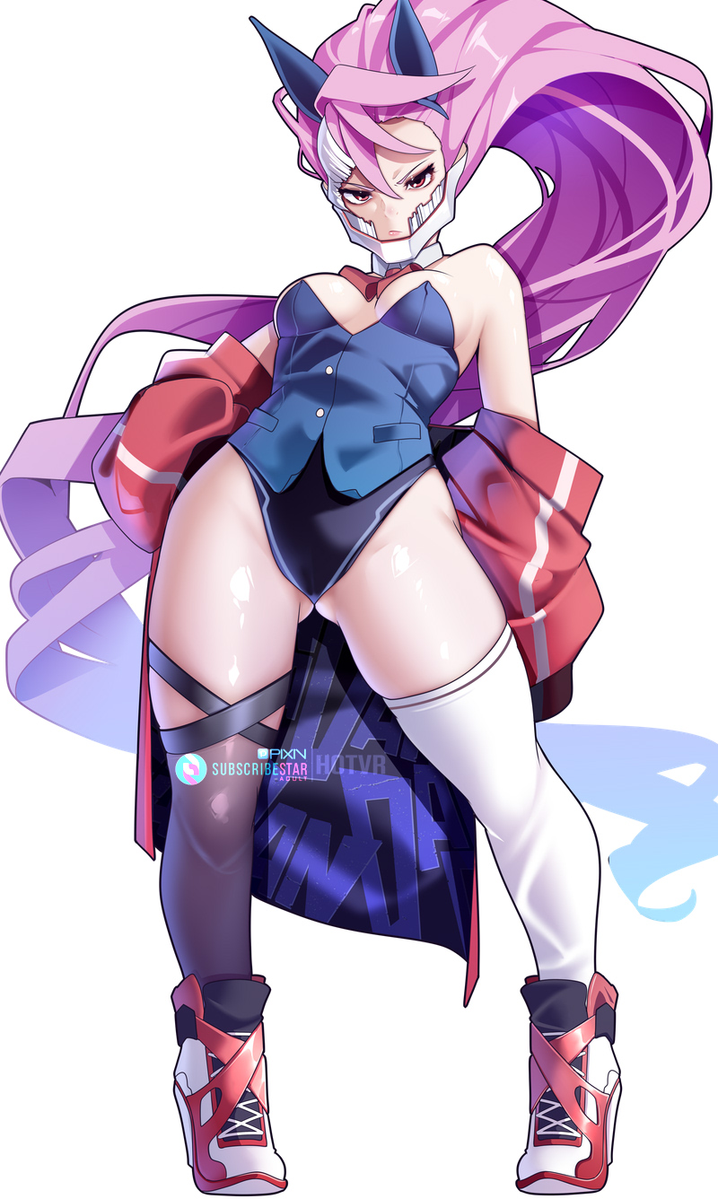 1girl animal_ears asymmetrical_legwear black_leotard black_thighhighs blue_vest breasts copyright_name dandadan detached_collar fake_animal_ears gluteal_fold high_heels highres hot_vr jacket leotard long_hair mismatched_legwear pink_eyes pink_hair rabbit_ears red_jacket red_ribbon ribbon shiratori_aira_(dandadan) simple_background small_breasts solo strapless strapless_leotard thighhighs very_long_hair vest white_background white_thighhighs
