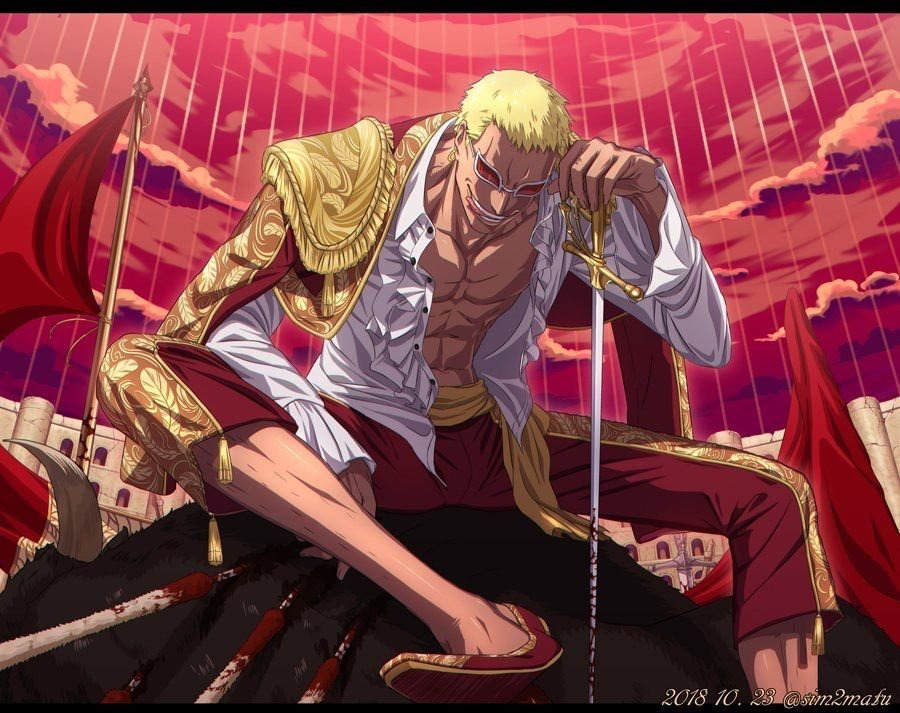 1boy 2018 artist_name blonde_hair blood building bull bullfighting cage cloud cloudy_sky dated death donquixote_doflamingo earrings epaulettes flag hand_rest jacket jewelry male_focus matador multicolored_jacket muscular muscular_male one_piece open_clothes pants red-tinted_eyewear red_jacket red_pants red_sky shirt short_hair sim2matu single_epaulette sitting sky sunglasses sword teeth third-party_source tinted_eyewear tongue tongue_out twitter_username two-tone_jacket weapon white-framed_eyewear white_shirt yellow_jacket