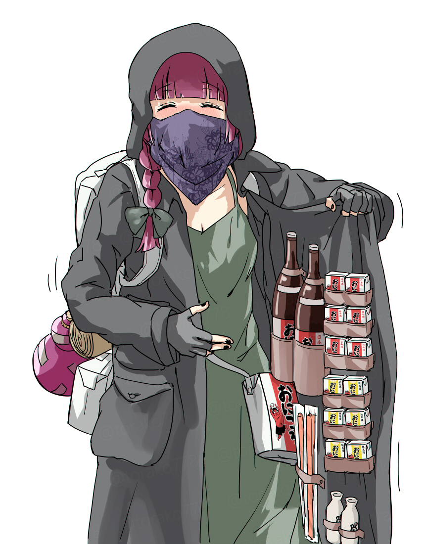 alcohol_carton backpack bag bandana bandana_over_mouth black_bow black_coat black_gloves black_nails blush bocchi_the_rock! bottle bow braid closed_eyes coat commentary_request cosplay dress facing_viewer fingerless_gloves gloves green_dress hair_bow hiroi_kikuri hood hooded_coat merchant_(resident_evil) merchant_(resident_evil)_(cosplay) purple_bandana purple_hair resident_evil resident_evil_4 sake_bottle simple_background torako_(toramaru) white_background