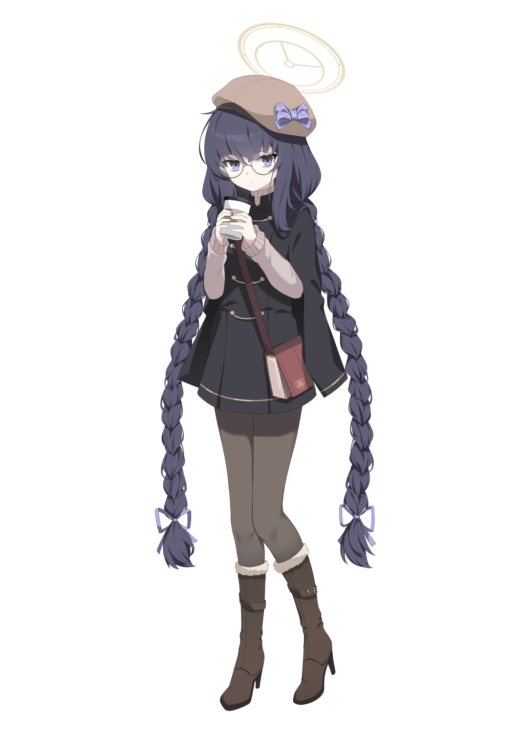 1girl alternate_costume bag beret black_hair blue_archive boots braid full_body halo hat highres long_hair pantyhose purple_eyes round_eyewear shoulder_bag simple_background solo twin_braids ui_(blue_archive) umou_(may65879) white_background
