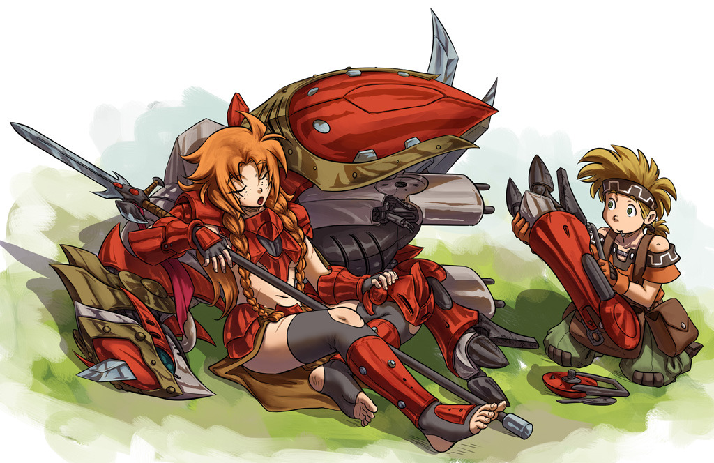 1boy 1girl 2014 armor blonde_hair blush braid closed_eyes commentary darenn dirty dirty_feet english_commentary fantasy feet fingerless_gloves freckles gloves les_chevaucheurs long_hair maxa&#039; mecha midriff navel open_mouth outstretched_foot phenice_walholl photoshop_(medium) polearm red_hair robot scar sitting sleeping soles spear toeless_legwear toenails toes toes_up unfinished weapon white_background wiggling_toes