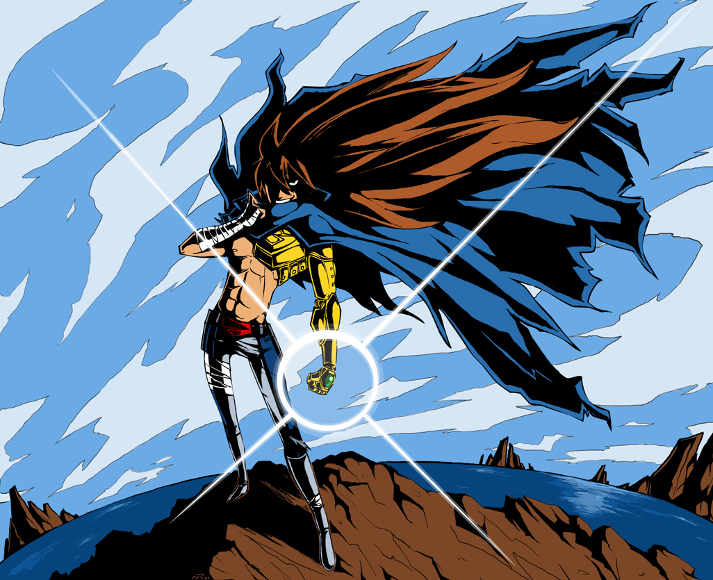 1boy abs bad_deviantart_id bad_id bandages brown_hair cape captainosaka day eyecatch fisheye grin high_contrast lens_flare long_hair male_focus outdoors parody shishiou_gai sky smile solo standing style_parody tengen_toppa_gurren_lagann topless_male yuusha_ou_gaogaigar yuusha_series