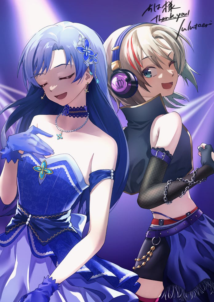 2girls back-to-back bare_shoulders black_gloves blue_choker blue_dress blue_gloves blue_hair blue_skirt brown_hair chain choker closed_eyes collarbone commission dress earrings fingerless_gloves fishnet_gloves fishnets flat_chest gloves green_eyes hair_ornament half-skirt headphones idol idolmaster idolmaster_(classic) idolmaster_cinderella_girls jewelry kisaragi_chihaya kisaragi_chihaya_(brilliant_diva) long_hair looking_at_viewer looking_back lulutaeri multicolored_hair multiple_girls music necklace one_eye_closed open_mouth red_streaks short_hair singing skeb_commission skirt sleeveless smile strapless strapless_dress streaked_hair tada_riina