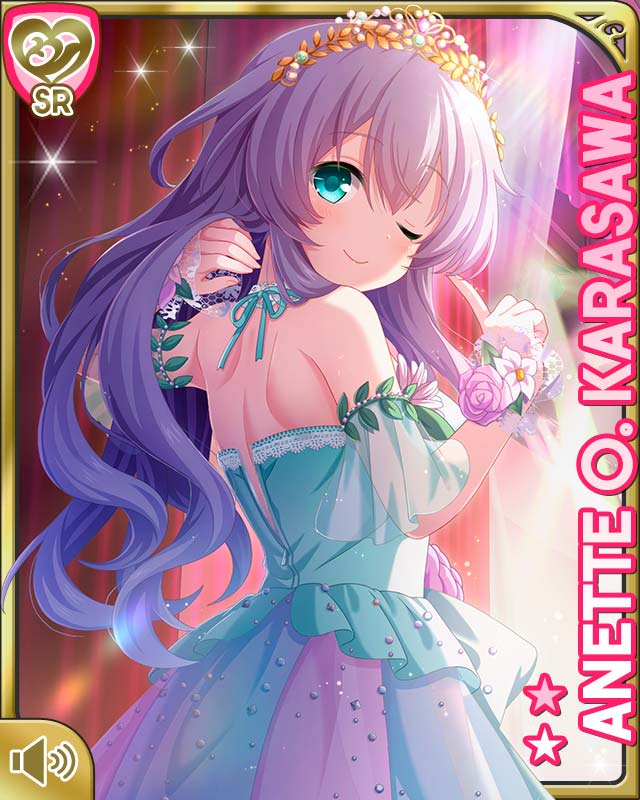 1girl anette_olga_karasawa blue_bow blue_dress bow card_(medium) closed_mouth costume cyan_eyes day dress fairy girlfriend_(kari) girlfriend_note indoors long_hair long_skirt looking_at_viewer official_art one_eye_closed qp:flapper shoes silver_hair skirt smile solo tagme wink