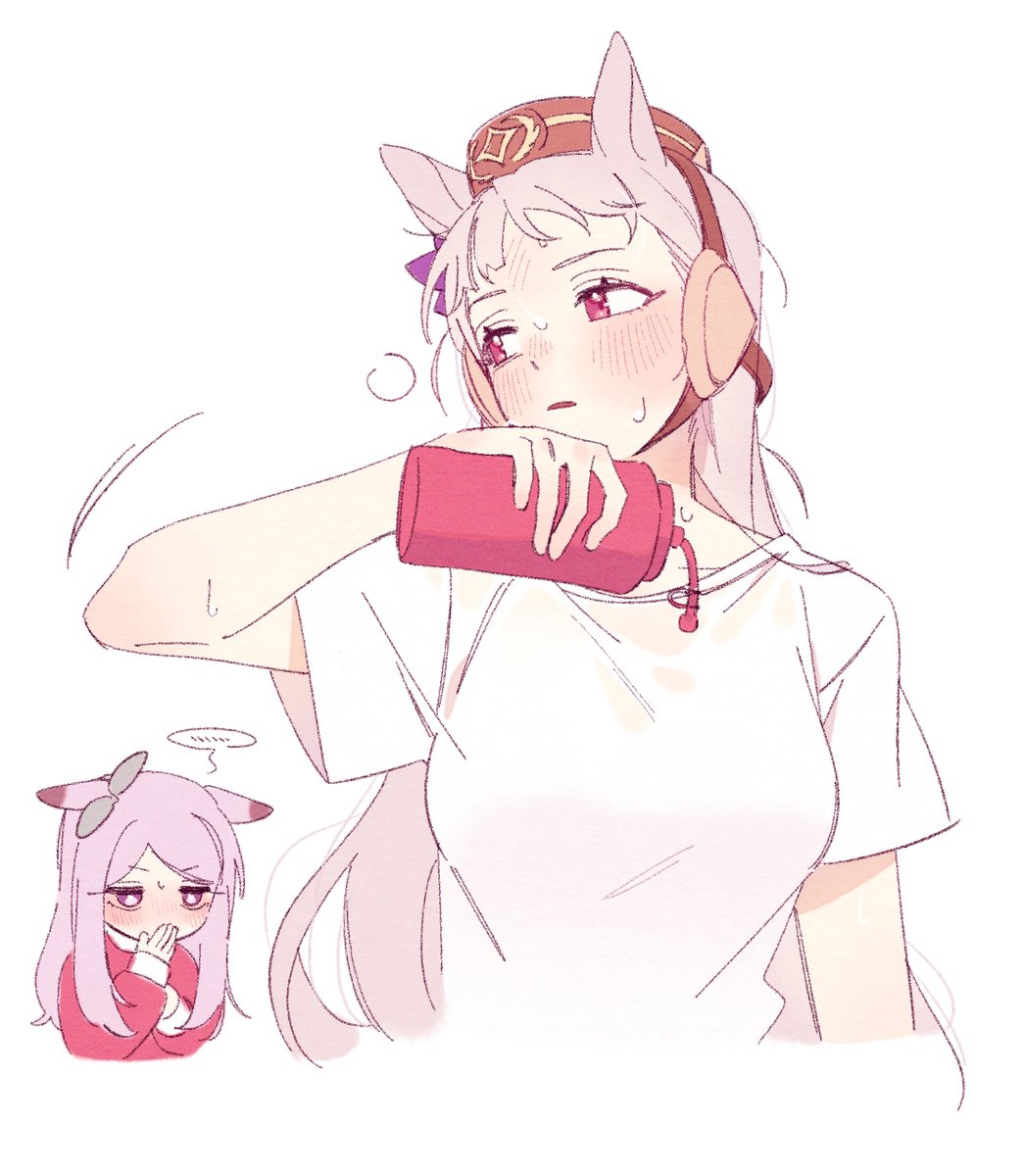 ... 2girls animal_ears blush bottle breasts brown_headwear ears_down ggubii0225 gold_ship_(umamusume) grey_hair hat highres holding holding_bottle horse_ears long_hair long_sleeves medium_breasts mejiro_mcqueen_(umamusume) motion_lines multiple_girls open_mouth red_eyes red_shirt shirt simple_background solo_focus spoken_ellipsis sweat umamusume upper_body water_bottle white_background white_shirt wiping_sweat