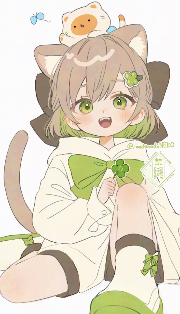 1girl animal animal_ears animal_on_head black_bow blush boots bow bowtie brown_hair bug butterfly cat cat_ears cat_girl cat_tail clover clover_hair_ornament four-leaf_clover green_bow green_bowtie green_eyes green_hair green_shoes hair_bow hair_ornament highres hood hood_down hoodie insect knee_up long_sleeves looking_at_viewer mochimochineko multicolored_hair on_head open_mouth shiratsume_(vrchat) shoes short_hair shorts simple_background sitting smile solo tail teeth twitter_username two-tone_hair vrchat white_background white_hoodie white_shoes