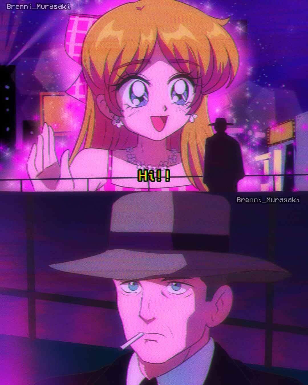 1990s_(style) 1boy 1girl animification barbenheimer_(meme) barbie_(character) barbie_(franchise) barbie_(live_action) blade_runner_(series) blade_runner_2049 blonde_hair blue_eyes brenni_murasaki brick_wall brown_headwear cigarette city_lights cityscape closed_mouth commentary english_commentary glowing goslingposting_(meme) highres jewelry julius_robert_oppenheimer long_hair mature_male meme necklace night open_mouth oppenheimer_(movie) real_life retro_artstyle smile stereotypical_barbie_(live_action) upper_body waving