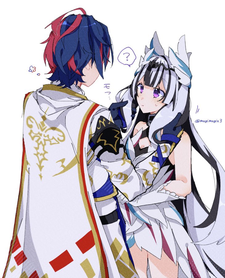1boy 1girl alear_(fire_emblem) alear_(male)_(fire_emblem) bare_shoulders black_choker black_hair blue_hair breasts brother_and_sister choker dress feather_hair_ornament feathers fire_emblem fire_emblem_engage grabbing_another&#039;s_hair grey_hair hair_ornament height_difference long_hair mugimugis multicolored_hair nintendo petite purple_eyes red_hair short_hair siblings small_breasts smile split-color_hair two-tone_hair very_long_hair veyle_(fire_emblem) wavy_hair