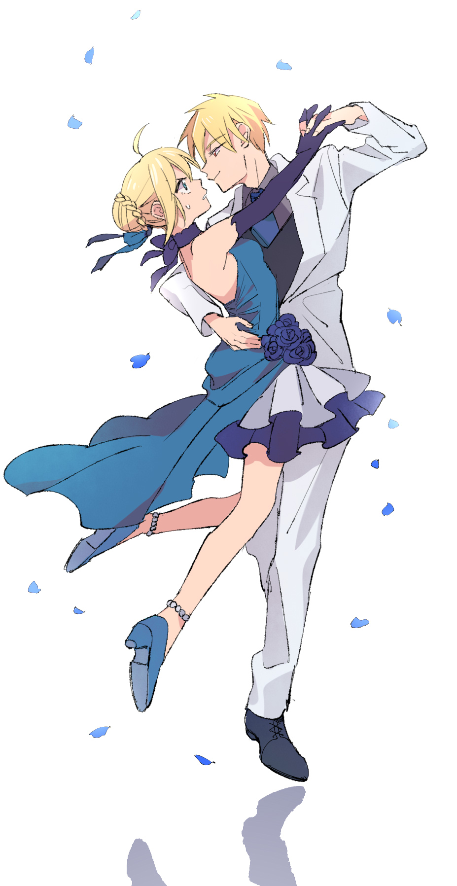 1boy 1girl ahoge alternate_costume anklet artoria_pendragon_(fate) bead_anklet beads black_vest blue_dress blue_eyes breasts bun_with_braided_base commentary_request dress duck11_rp elbow_gloves fate/stay_night fate_(series) formal_clothes frilled_dress frills gilgamesh_(fate) gloves hair_bun halterneck highres interlocked_fingers jacket jewelry pants purple_gloves red_eyes saber_(fate) single_hair_bun small_breasts smile standing standing_on_one_leg suit sweatdrop vest white_jacket white_pants white_suit