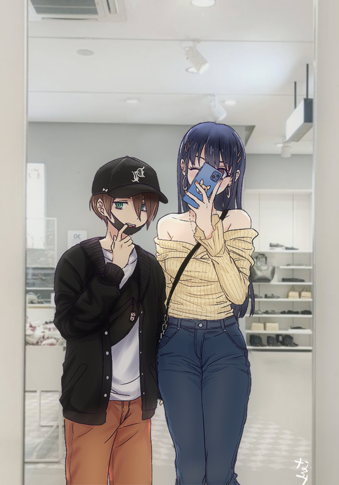 1boy 1girl bare_shoulders baseball_cap black_hair black_hat black_pants blue_eyes blue_skirt boku_no_kokoro_no_yabai_yatsu brown_hair brown_pants cellphone collarbone covering_face denim hat holding holding_phone ichikawa_kyoutarou indoors jeans long_hair long_sleeves looking_at_mirror mask_pull mirror mirror_selfie narumi_(62rimi) off-shoulder_sweater off_shoulder one_eye_closed pants phone phone_over_face photo_background ringed_eyes selfie short_hair signature skirt smartphone standing sweater yamada_anna yellow_sweater