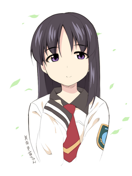 1girl bad_id bad_pixiv_id black_hair closed_mouth cropped_torso female_focus green_green hand_up long_hair long_sleeves minami_sanae parted_bangs purple_eyes red_neckwear school_uniform shirt sleeves_past_wrists smile solo translation_request uccow upper_body white_background white_shirt