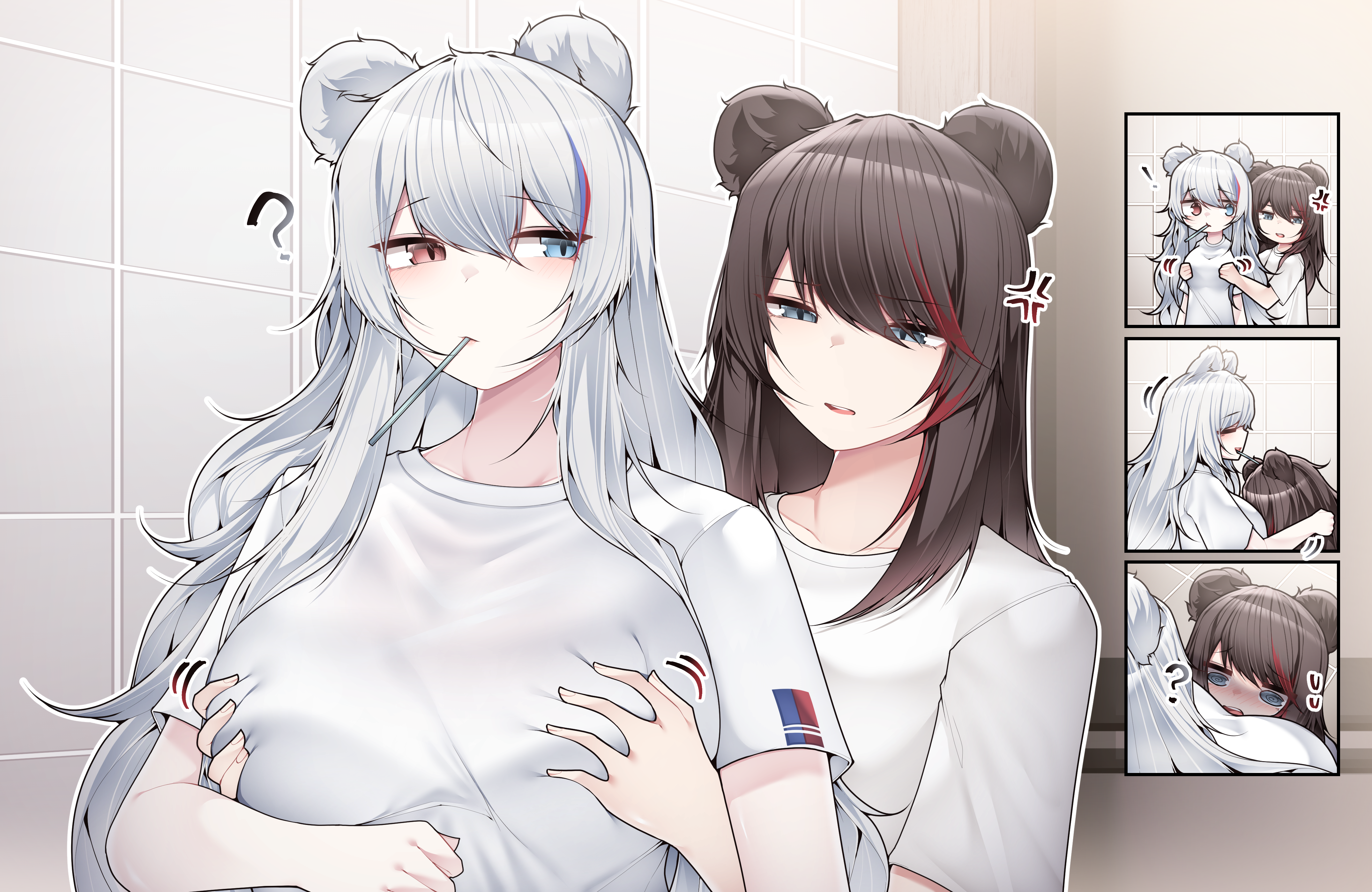! 2girls ? @_@ absurdres anger_vein animal_ears arknights bear_ears bear_girl blue_eyes breast_envy breasts brown_hair closed_mouth commentary_request facing_viewer grabbing_another's_breast grabbing_from_behind groping hair_between_eyes heterochromia highres indoors large_breasts long_hair looking_at_another mouth_hold multicolored_hair multiple_girls parted_lips red_eyes rosa_(arknights) samip shirt short_sleeves streaked_hair t-shirt tile_wall tiles upper_body white_hair white_shirt yuri zima_(arknights)