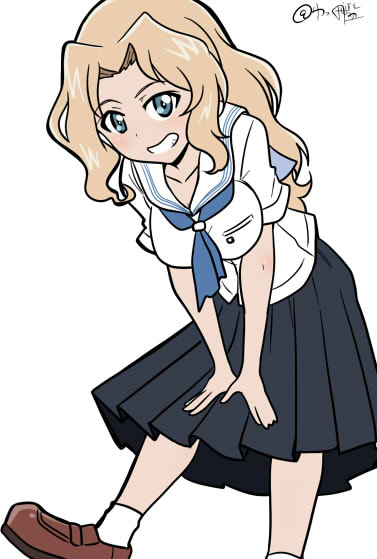 1girl alternate_costume black_skirt blonde_hair blue_eyes breasts brown_footwear collarbone girls_und_panzer kay_(girls_und_panzer) long_hair long_skirt school_uniform serafuku skirt wakku_kan white_serafuku