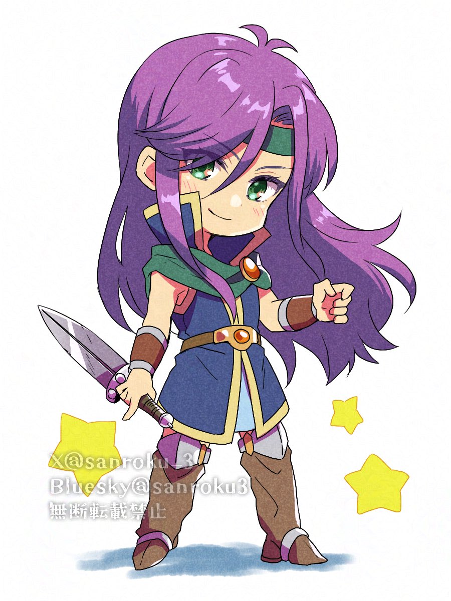 1girl antenna_hair belt blue_tunic boots bracer brown_boots chibi closed_mouth commentary_request faris_scherwiz final_fantasy final_fantasy_v full_body green_headband green_scarf hair_between_eyes headband highres holding holding_sword holding_weapon knee_pads light_blush long_hair parted_bangs purple_hair sanroku_3 scarf smile solo sword tunic twitter_username weapon white_background