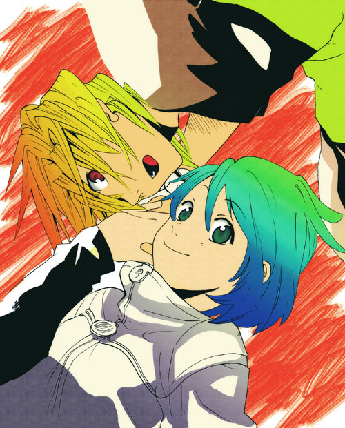 1boy 1girl blonde_hair blue_hair double_arts figarette_elraine gradient_hair green_eyes green_hair holding_hands hetero jacket kiri_luchile light_purple_hair looking_at_viewer multicolored_hair open_mouth red_eyes saku_(pixiv526117) smile spiked_hair zipper