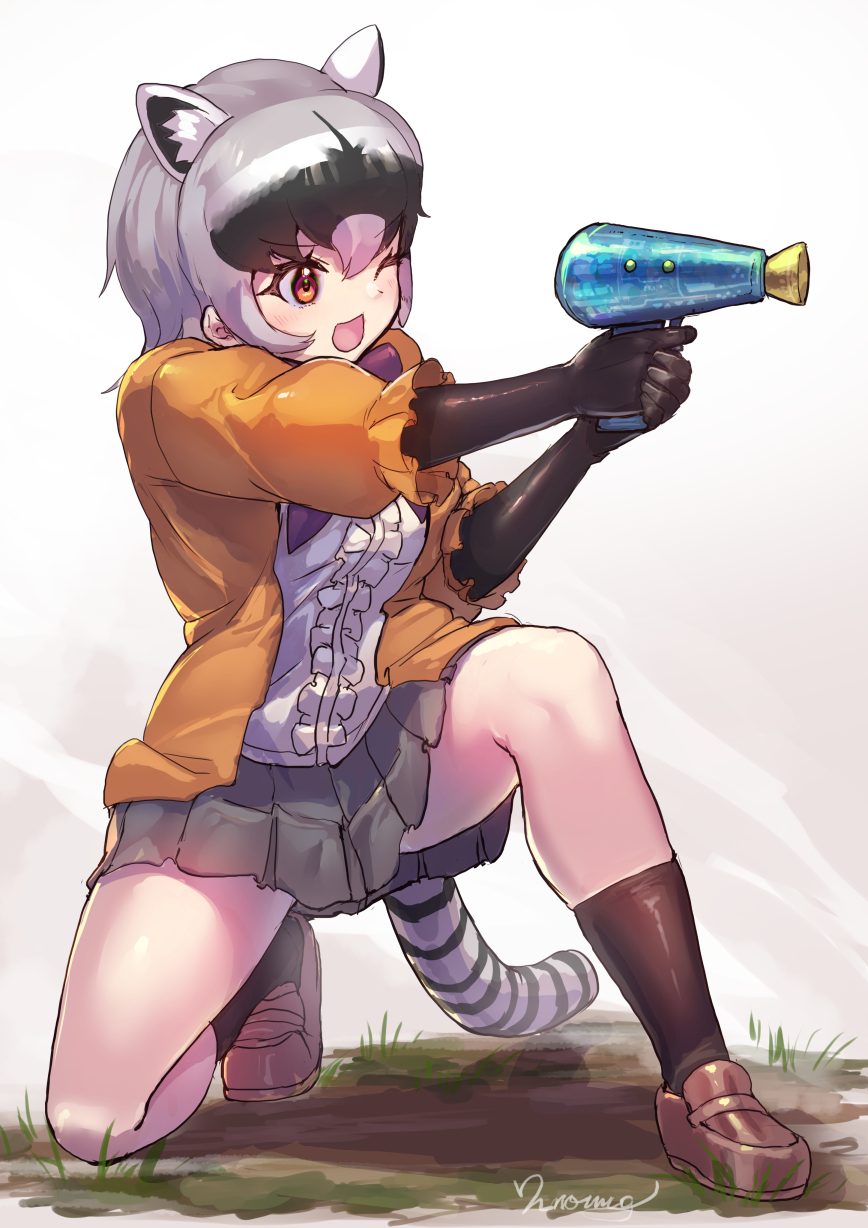 aiming animal_ears black_socks blush bow bowtie brown_gloves brown_shoes center_frills crab-eating_raccoon_(kemono_friends) elbow_gloves extra_ears frills gloves grey_hair grey_skirt highres holding holding_water_gun jacket kemono_friends kemono_friends_3 loafers multicolored_hair one_eye_closed open_mouth orange_eyes orange_jacket pleated_skirt puffy_short_sleeves puffy_sleeves purple_bow purple_bowtie raccoon_ears raccoon_girl raccoon_tail shirt shoes short_hair short_sleeves skirt smile socks tadano_magu tail two-tone_hair water_gun white_shirt