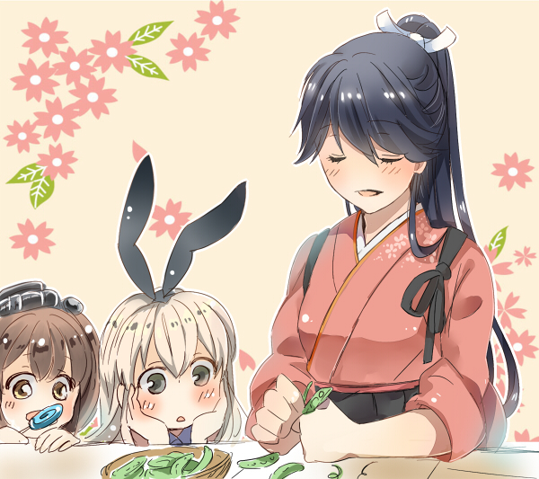 10s black_hair blonde_hair brown_eyes brown_hair closed_eyes fukusuke_teitoku houshou_(kancolle) japanese_clothes kantai_collection long_hair peas ponytail shimakaze_(kancolle) simple_background smile yukikaze_(kancolle)