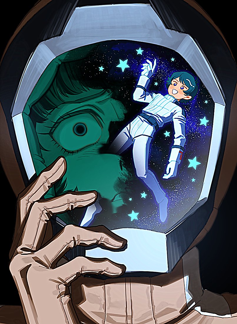 blue_eyes blue_hair bodysuit fa_yuiry frown gundam hand_on_own_head hand_up helmet horrified kamille_bidan kamonekm open_mouth parted_lips portrait reflection reflective_surface short_hair smile space space_helmet spacesuit star_(sky) star_(symbol) white_bodysuit wide-eyed zeta_gundam