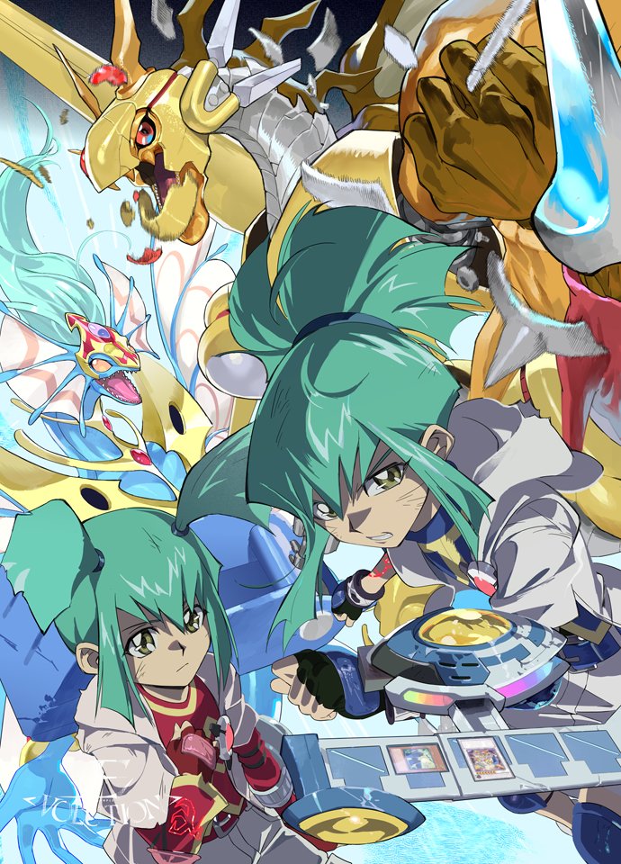 1boy 1girl ancient_fairy_dragon artist_logo artist_name black_gloves blue_jacket blue_shirt blue_shorts blue_skin clenched_hand colored_skin deck_of_cards dragon duel_disk e_volution fingerless_gloves gloves green_eyes green_hair high_ponytail hood hood_down hooded_jacket jacket life_stream_dragon logo looking_at_viewer lua_(yu-gi-oh!) luca_(yu-gi-oh!) medium_hair open_mouth pink_jacket pink_shorts ponytail power_tool_dragon red_gloves red_shirt sharp_teeth shirt shorts teeth trading_card transformation yu-gi-oh! yu-gi-oh!_5d&#039;s