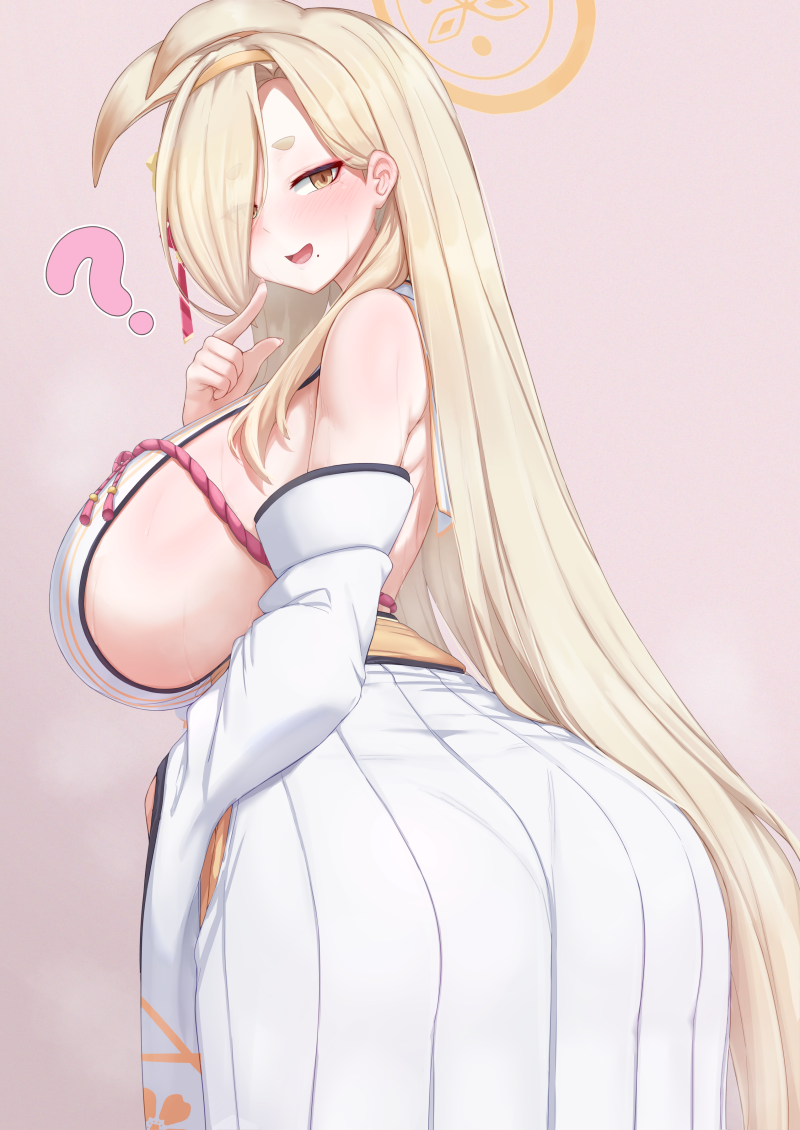 1girl ? animal_ears ass asymmetrical_bangs back bare_shoulders blonde_hair blue_archive blush breasts cream_cod detached_sleeves extra_ears eyeliner fox_ears hair_over_one_eye hairband halo huge_breasts japanese_clothes kaho_(blue_archive) kimono long_hair long_skirt looking_at_viewer looking_back low-tied_long_hair makeup open_mouth pleated_skirt red_rope rope sash short_eyebrows sideboob skirt sleeveless sleeveless_kimono smile solo steaming_body thick_eyebrows variant_set very_long_hair white_kimono white_skirt wide_hips wide_sleeves yellow_eyes