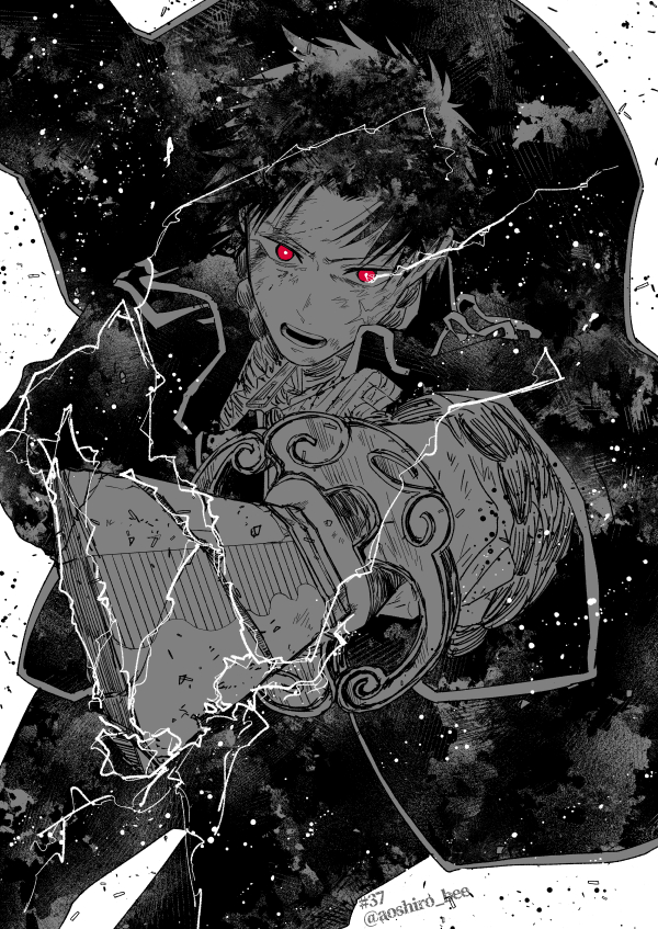 1boy aoshiro_(aoshiro_bee) broken broken_sword broken_weapon cloud_gouger_(sword) coat cross_scar facial_scar fighting_stance greyscale holding holding_sword holding_weapon kagurabachi katana lightning long_sleeves looking_at_viewer male_focus monochrome open_mouth pants red_eyes rokuhira_chihiro scar scar_on_cheek scar_on_face short_hair solo spot_color sword weapon