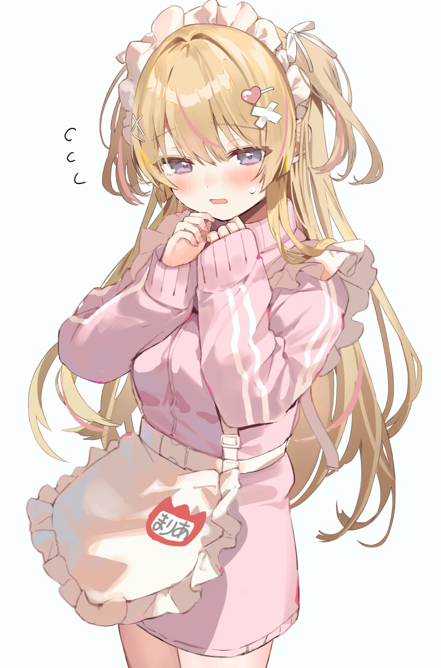 1girl apron bandaid bandaid_hair_ornament blonde_hair blush breasts commentary_request cowboy_shot embarrassed flying_sweatdrops frilled_apron frills hair_ornament hairclip hands_up heart heart_hair_ornament highres jacket jersey_maid kanda_done long_hair long_sleeves looking_at_viewer maid maid_apron maid_headdress multicolored_hair name_tag open_mouth original own_hands_together pink_hair pink_jacket pink_nails purple_eyes simple_background sleeves_past_wrists solo standing streaked_hair sweatdrop track_jacket two_side_up unconventional_maid very_long_hair waist_apron white_apron white_background