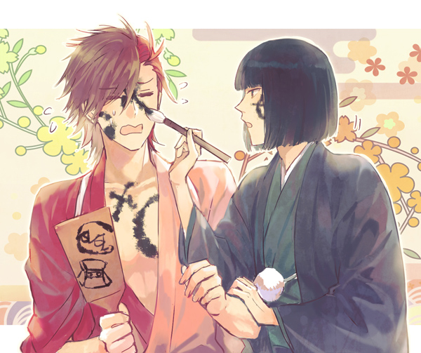2boys :o =_= black_hair black_haori blunt_bangs blunt_ends bodypaint brown_hair facepaint furrowed_brow green_kimono hagoita hanetsuki haori holding holding_brush holding_paddle japanese_clothes kimono male_focus multicolored_hair multiple_boys new_year paddle painting_(action) red_hair red_kimono sengoku_basara shibata_katsuie_(sengoku_basara) shima_sakon_(sengoku_basara) short_hair sweat toruglose two-tone_hair two-tone_kimono upper_body wavy_mouth