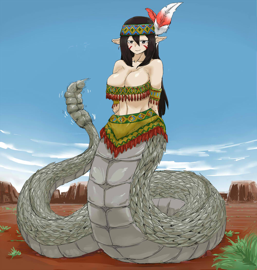 1girl armlet arms_behind_back belt_bra black_hair blue_sky breasts cleavage day desert facial_tattoo feathers female_focus headband headdress huge_breasts jewelry lamia long_hair midriff monster_girl native_american_headdress original pointy_ears rattle rattlesnake scales setouchi_(blackse) skirt sky smile snake snake_tail solo tail tassel tattoo