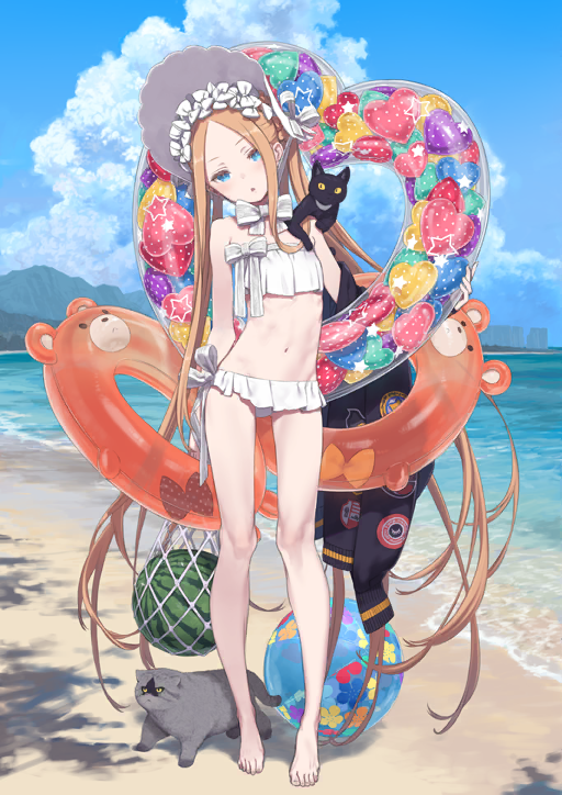 1girl :o abigail_williams_(fate) abigail_williams_(swimsuit_foreigner)_(fate) abigail_williams_(swimsuit_foreigner)_(third_ascension)_(fate) animal animal_on_shoulder arm_at_side ball bare_legs bare_shoulders barefoot beach beachball bikini bikini_skirt black_cat black_jacket blonde_hair blue_eyes blue_sky bonnet bow bow_bikini breasts cat chin_strap cloud day fate/grand_order fate_(series) food fruit full_body game_cg grey_cat groin hand_up head_tilt heart holding holding_jacket holding_swim_ring holding_unworn_clothes horizon innertube jacket kuroboshi_kouhaku long_hair long_sidelocks looking_at_viewer luthar_(fate) microskirt navel net nosh_(fate) ocean official_art parted_bangs parted_lips sand sidelocks skinny skirt sky small_breasts solo standing star_(symbol) strapless strapless_bikini swim_ring swimsuit third-party_source toes unworn_jacket variant_set very_long_hair very_long_sidelocks watermelon white_bikini white_bonnet white_bow